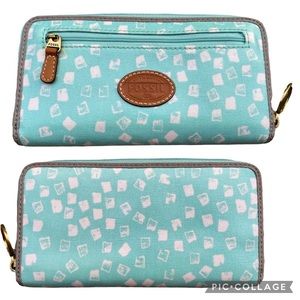 Fossil Vintage Green Teal Waxed Canvas Whimsical Cube Zipper Around Print Wallet